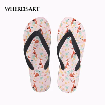 

WHEREISART Women's Fox Print Casual House Flip Flops Summer Brand Designer Women's Rubber Soft Slippers Woman Casual Flipflops