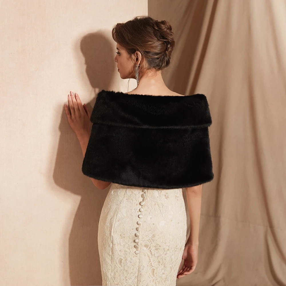 Real Pictures Black Winter Women Jacket Faux Fur Wedding Shawl Bridal Fur Stole Shawl Party Cape Shrug High Quality