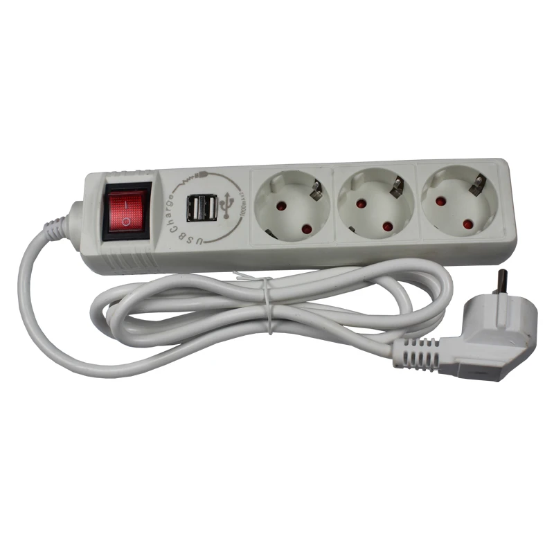 

2019 new 3 slot European 1A 5V USB extension socket with earth with 2m CCA cable FE-03