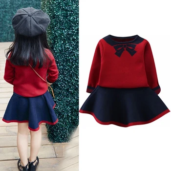 

Children's Clothing Girl Bowknot Sweater Blouse Tops+Short Skirts Long Sleeve Clothes Set Outfits Kid Autumn Winter Suit 2-8T