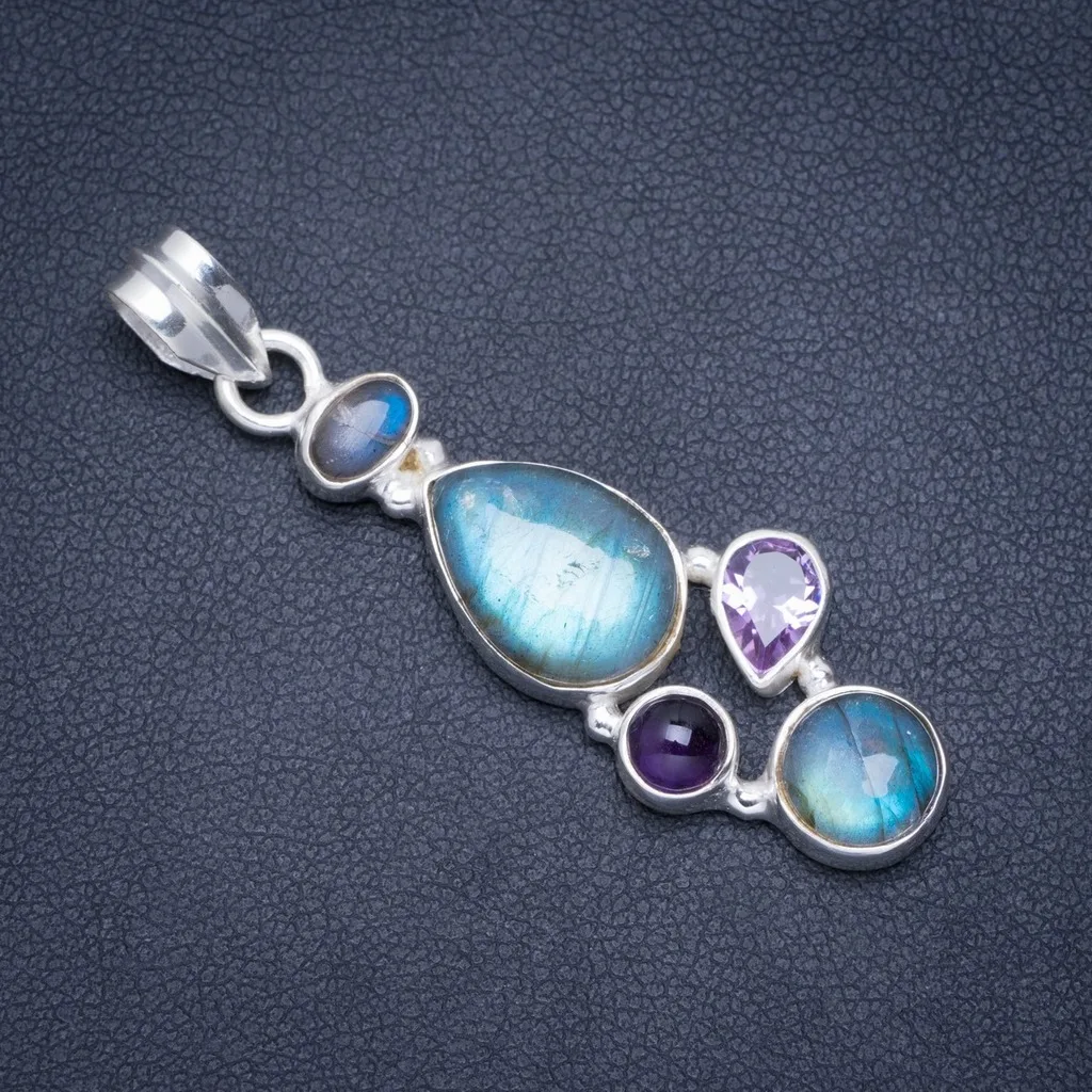 

Natural Blue Fire Labradorite and Amethyst Handmade Unique 925 Sterling Silver Pendant 2" A0206