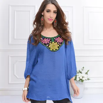 

Blue beads loose chiffon shirt summer new large size women bamboo cotton embroidered blouse and long sections