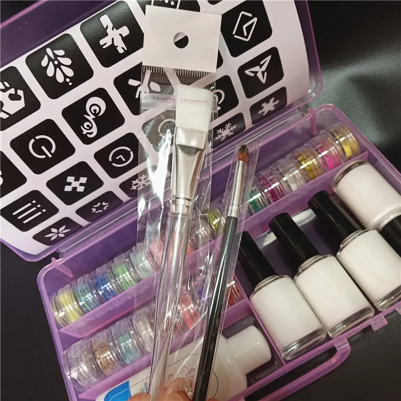 24 Colors Glitter Temporary Tattoo Waterproof Template Stencil 2 Brushes 4 Glues Painting Kit for Kids Face Body Diy Nail ART