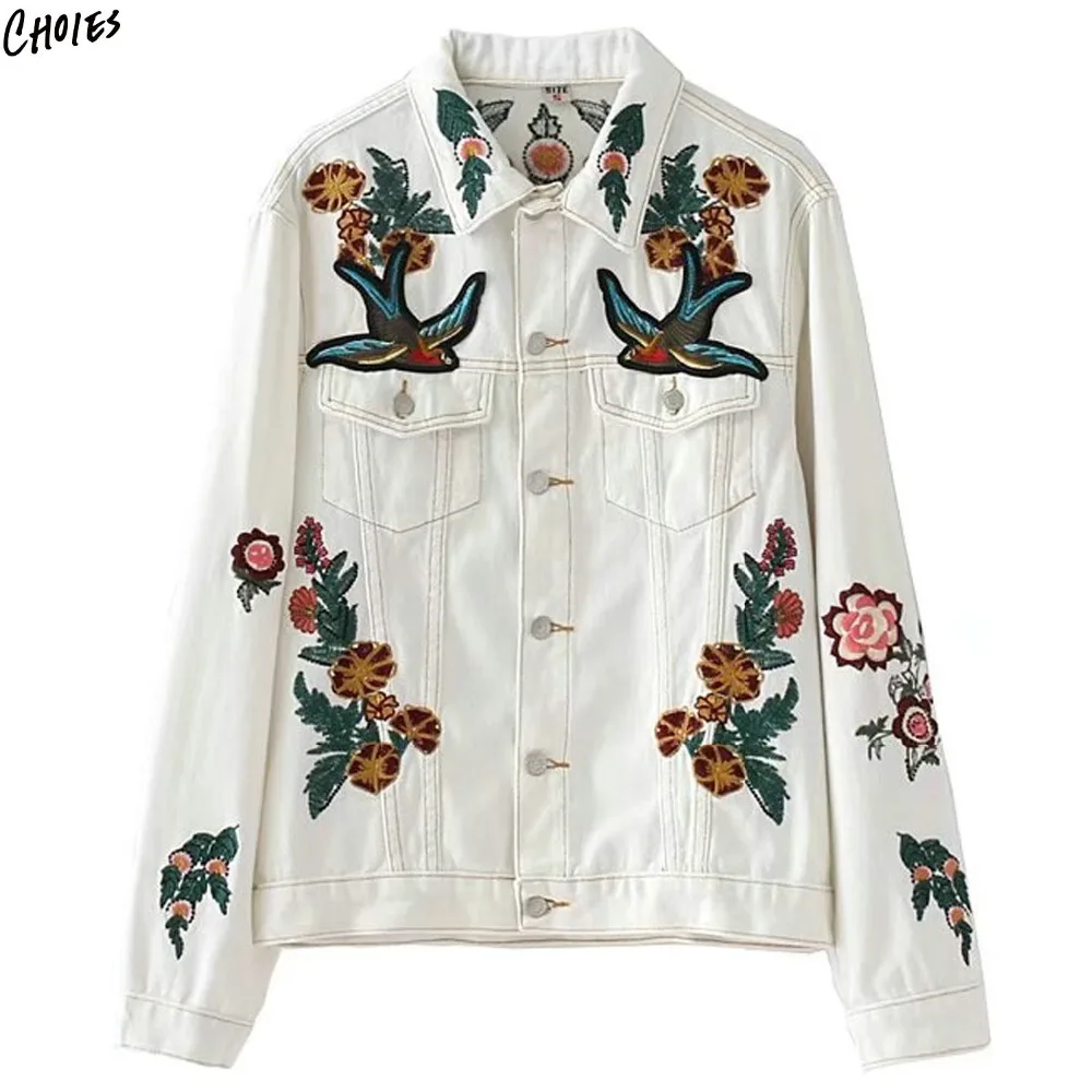 White Embroidery Floral Denim Jacket Coat Women Singe Breasted Turn