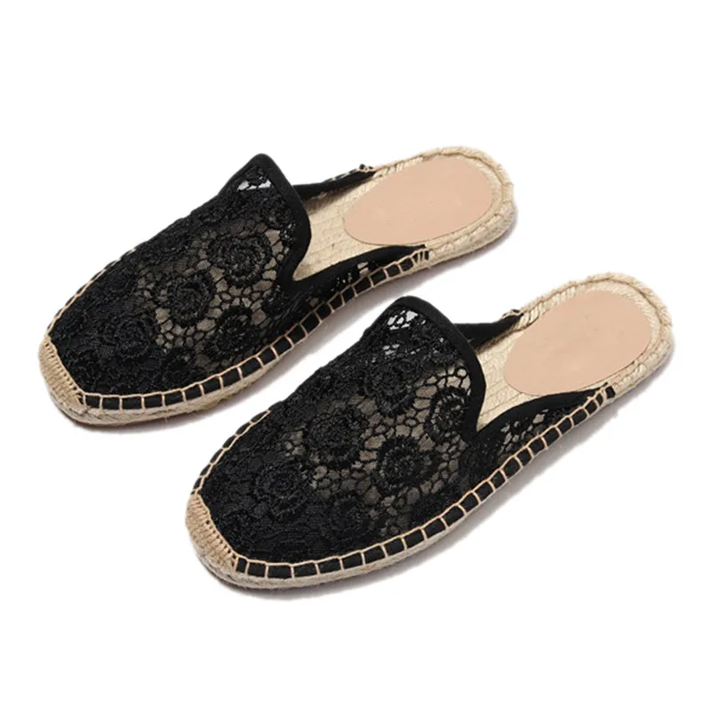 Women Half Slippers Espadrilles Lace Cut-outs Black Women's Sandals Wear Simple Slides Casual Ladies Mules Flat Fisherman Shoes  (15)