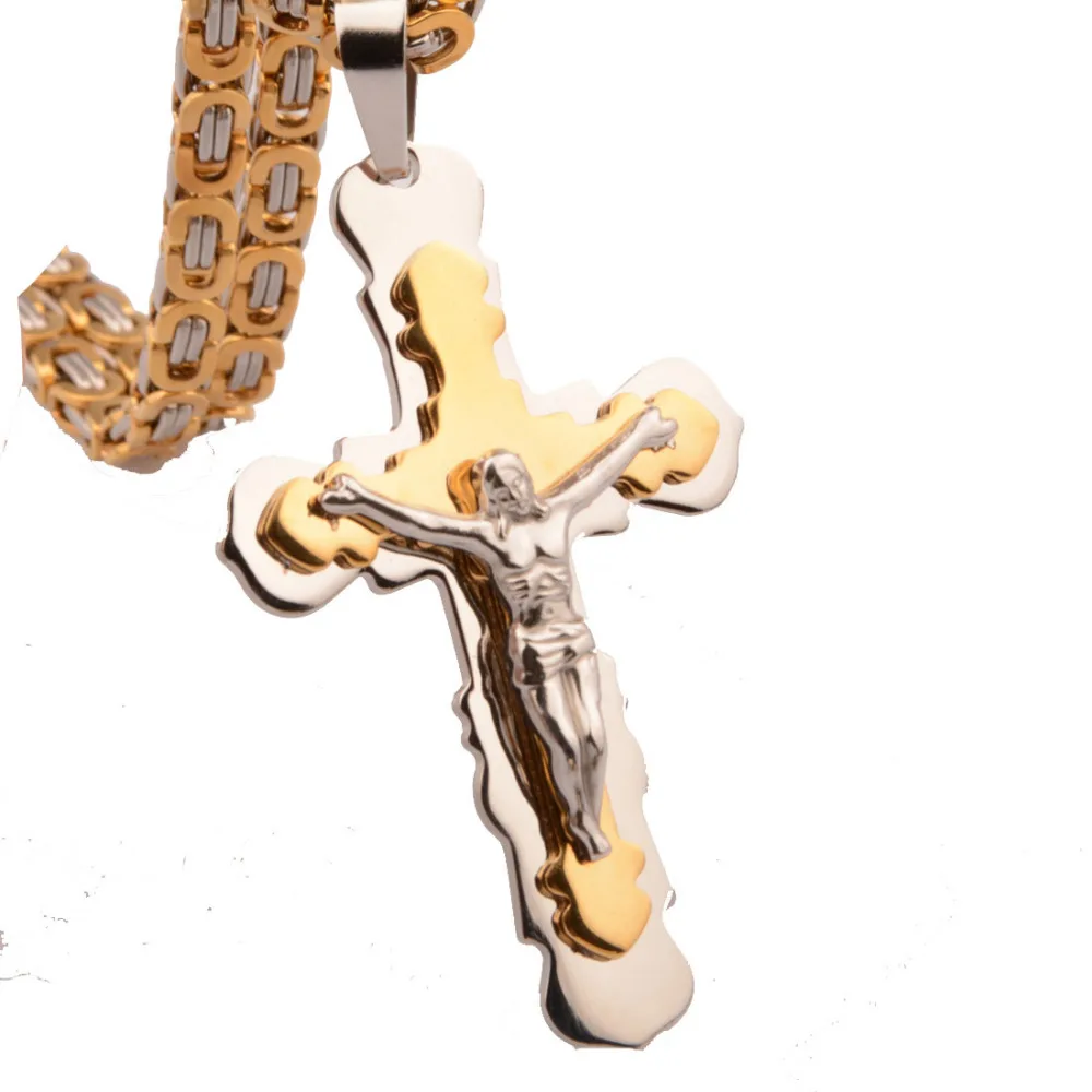 Мужской религиозный серебряный золотой цвет с Иисусом из нержавеющей стали христианский крест кулон с византийское ожерелье 18-30"