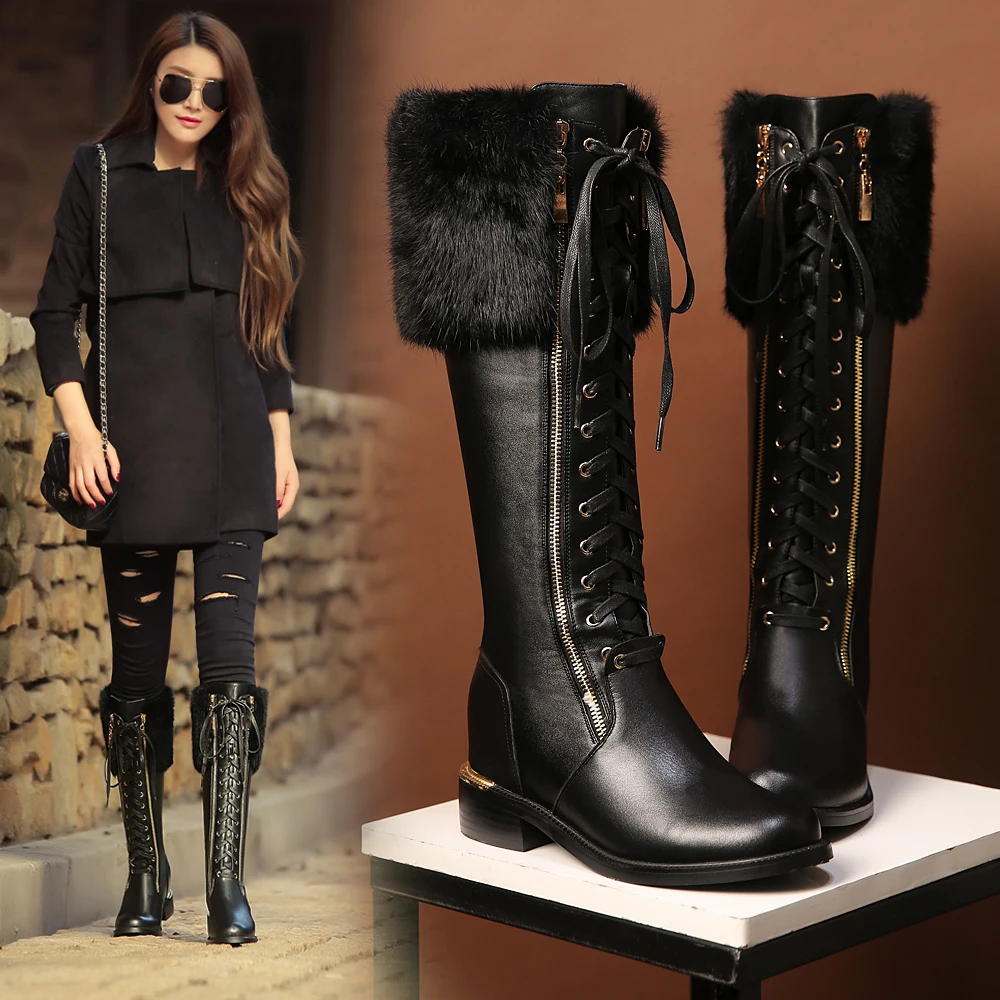 Зимние сапоги с натуральным лисьим мехом; коллекция года; зимняя обувь; сапоги до колена; женская теплая обувь из натуральной кожи; Большой размер 42