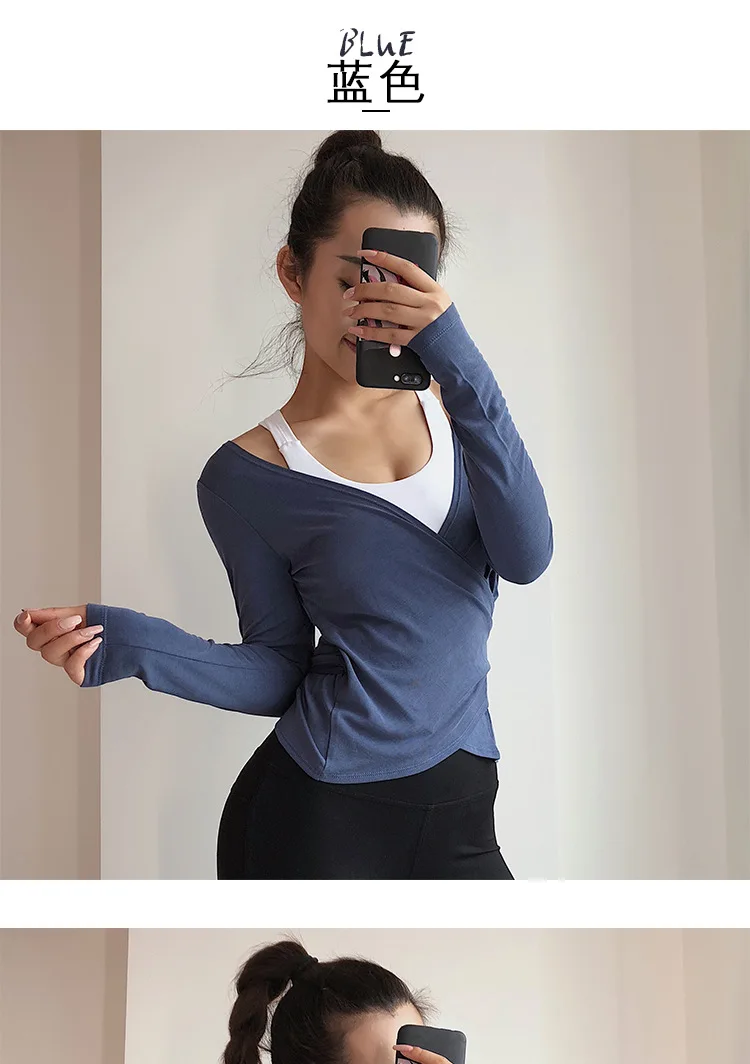 Женская рубашка для йоги, два стиля, одежда назад и вперед, без бретелек, с длинным рукавом, v-образный вырез, топ на талии, эластичный, тонкий, спортивная одежда