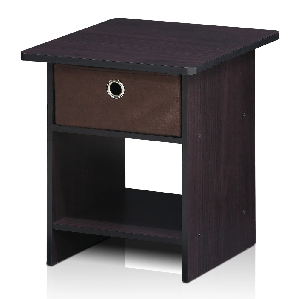 End Table/ Night Stand Storage Shelf with Bin Drawer, Dark Walnut