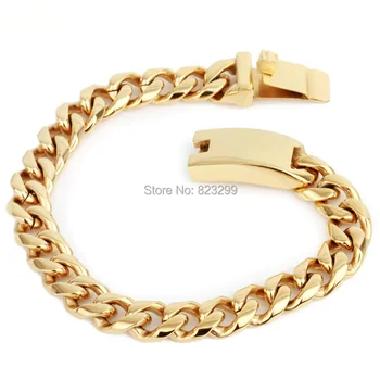 

(long 21.5cm. Wide 12.5mm. Heavy 60g) new stainless steel plated gold color men's curb Cuban Bracelet FREE SHIPPING