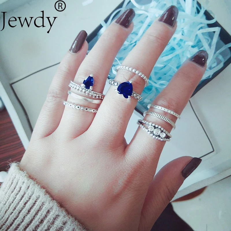 Набор колец с кристаллами Jewdy blue heart для женщин серебряная в стиле бохо набор миди