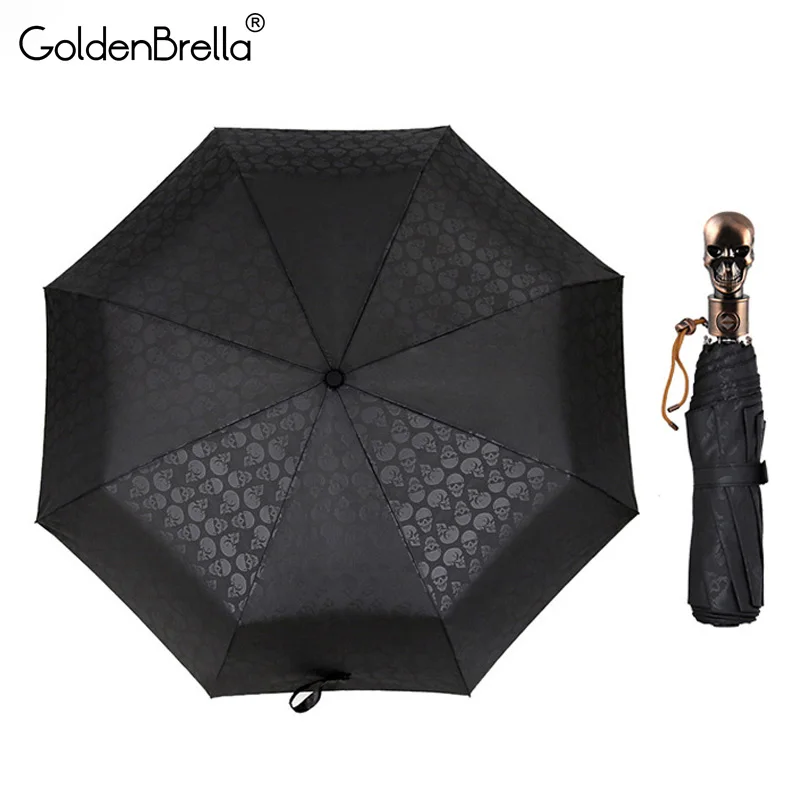 

Brand High Quality Skull Handle Umbrella Men Automatic 3 Folding Creative Punk Retro 8Ribs Windproof Parasol Umbrella Rain Men