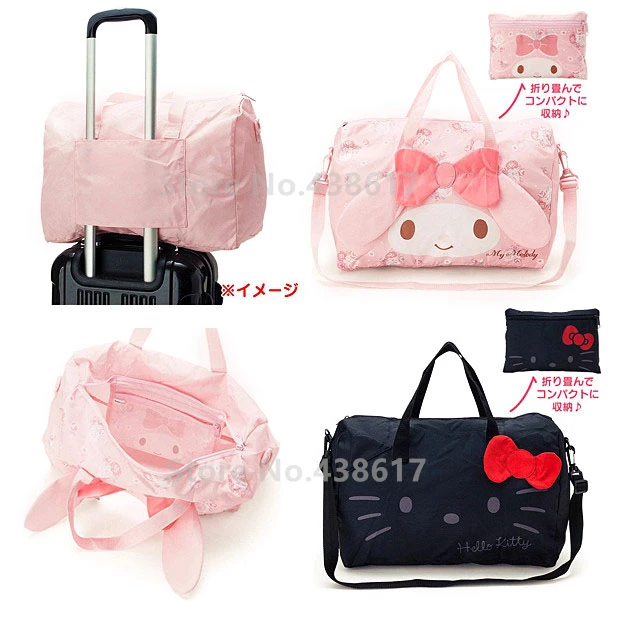 

Cute Pink My Melody Black Kitten Cat Foldable Folding Travel Bag on Wheels Messenger Duffle Bags for Women Girls Hand Luggage