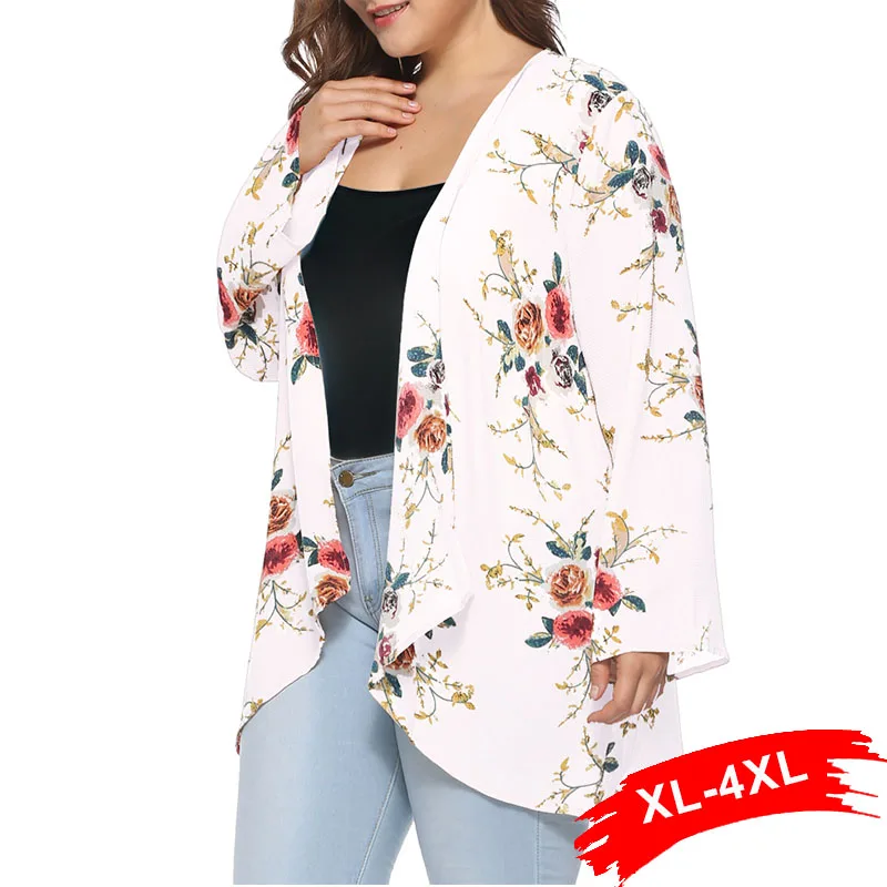 

Plus Size Flower Print Scallop Trim Kimono 3Xl 4Xl Women Long Sleeve Asymmetrical Beach Vacation Long Blouse Casual Cover Up