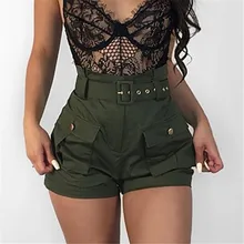 Summer Casual Army Green High Waist Shorts Women A-line Short Pants Stylish Ladies Loose Belt Short Trousers