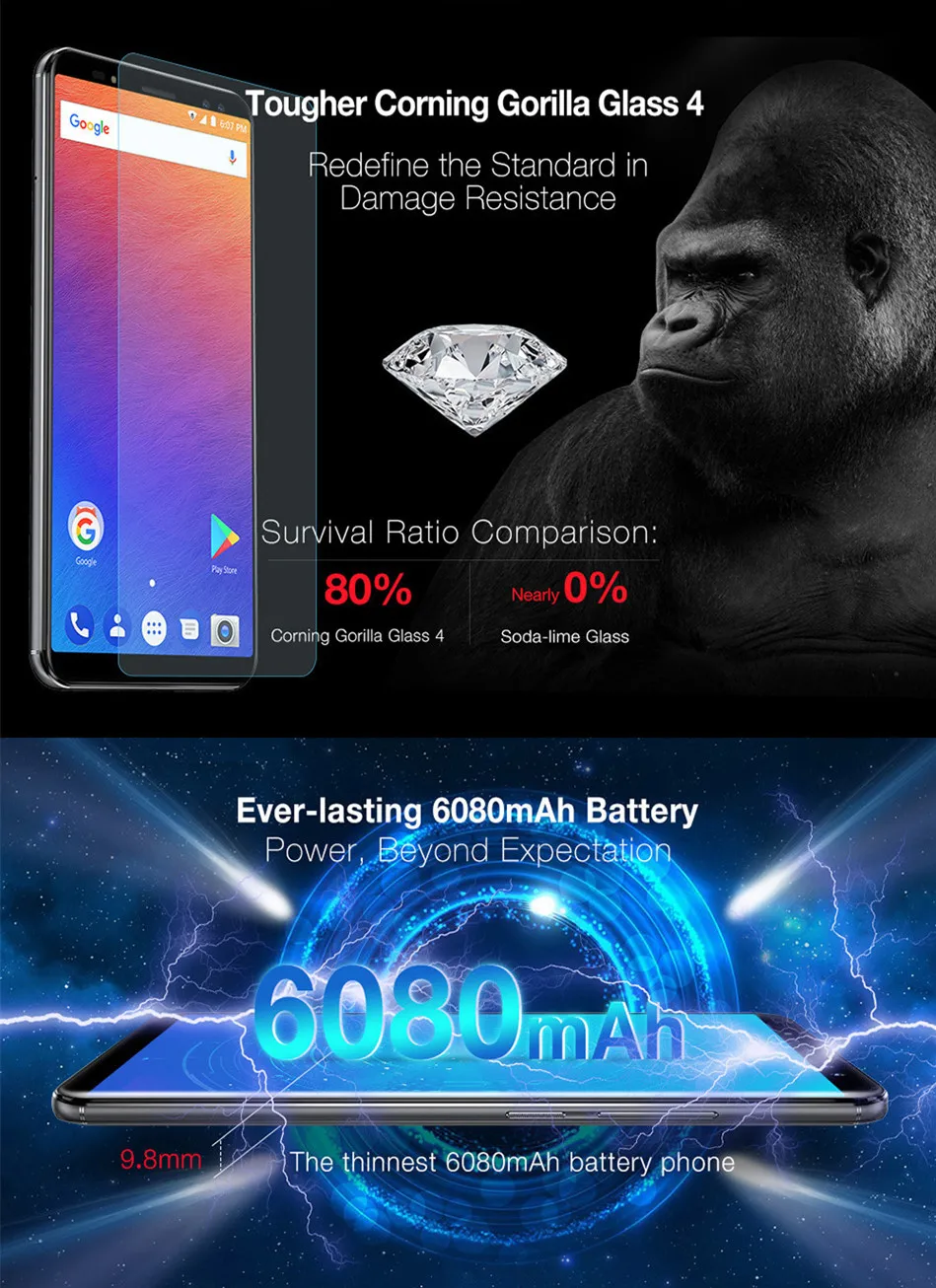 В наличии! Ulefone power 3 6,0 "18:9 полный экран 6080 мАч 6763 Восьмиядерный распознавание лица 21 МП четыре камеры 6 ГБ 64 ГБ Android 7,1 мобильный телефон