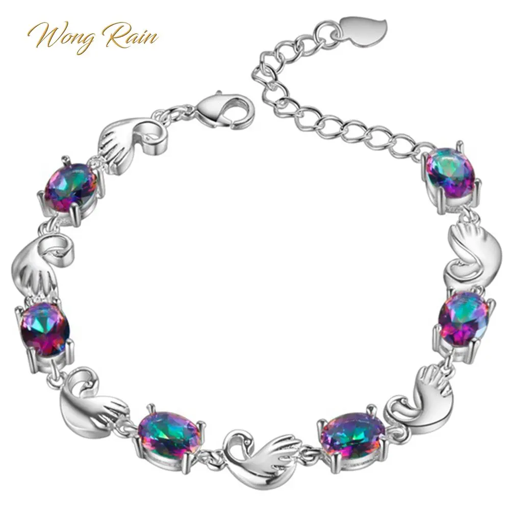

Wong Rain Romantic Cute 100% 925 Sterling Silver Oval Mystic Rainbow Topaz Gemstone Bangle Charm Bracelet Jewelry Gift Wholesale