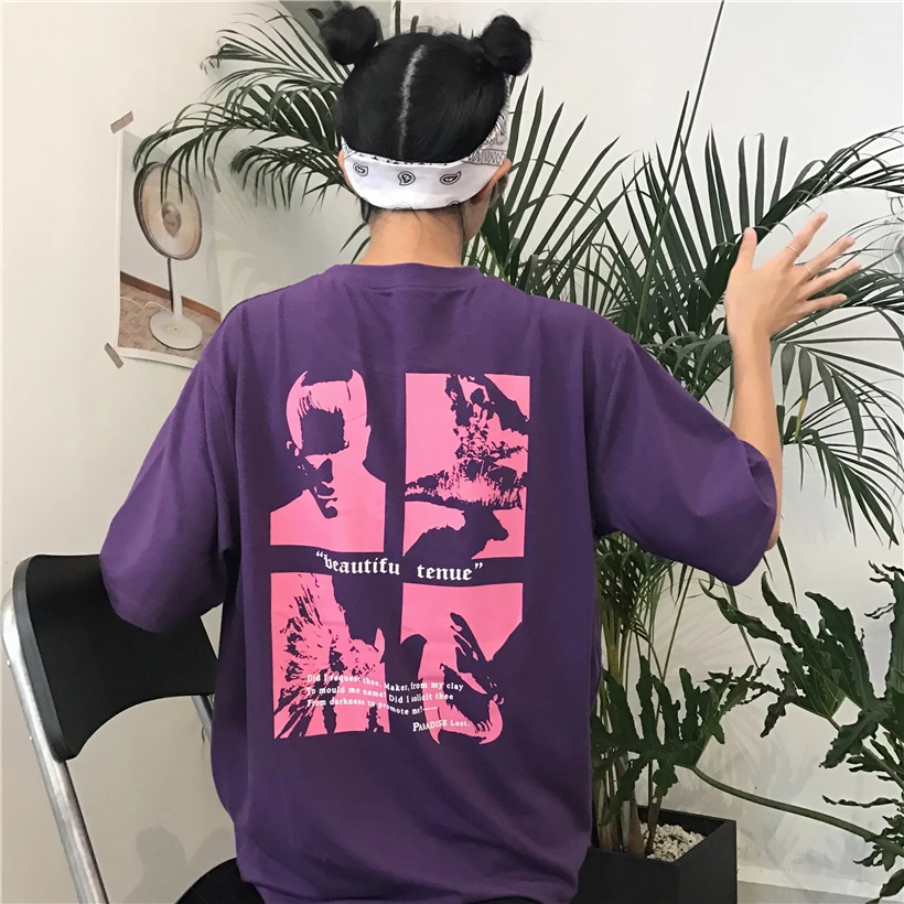 Женская футболка Топ летний корейский стиль Ulzzang Harajuku с буквенным принтом фиолетовая футболка Женская Повседневная футболка с коротким рукавом
