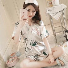 Два шелковых костюма, кимоно для женщин, летняя одежда для сна, Корейская версия, тонкий короткий рукав, рисунок из мультфильма, шелк льда, домашняя одежда