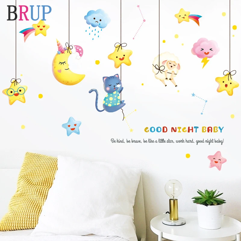 

Cartoon Moon Stars Wall Stickers for Kids Room Cat Sheep Baby Room Decoration Animals Home Decor Art Stikers Muraux