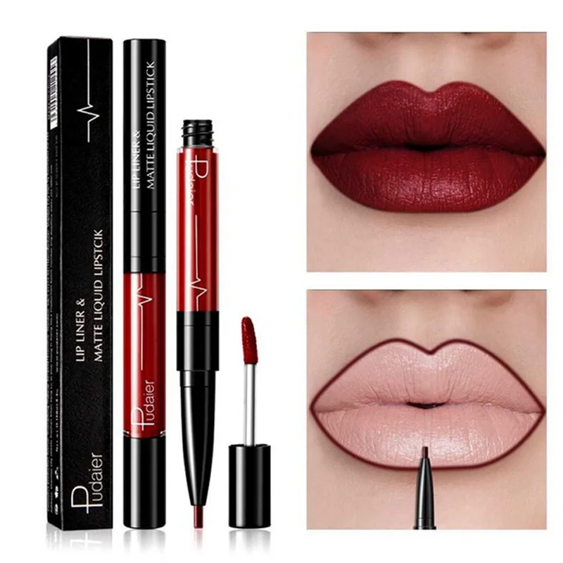 2 in 1 Lip Gloss Matte Makeup Lips Liner Pencil Liquid Lipstick Red