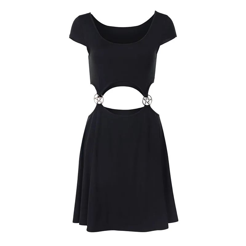 

Women Dark Black Five-pointed Star Pentagram Dresses Stitching Hole Backless Punk Dress Gothic Mini Dress for Gothic girls