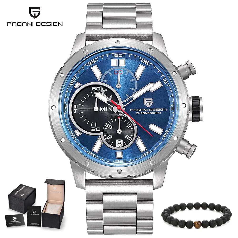 PAGANI Дизайн мужские часы брендовые роскошные мужские модные часы кожа 6 рук Relogio Masculino Военные Спортивные кварцевые наручные часы - Цвет: silver blue steel