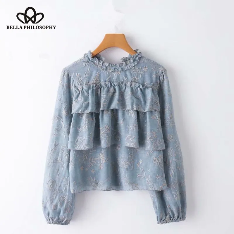Wonder 2018 new autumn sweet agaric lace ruffles blouse female floral embroidery shirts double layer long sleeve casual tops