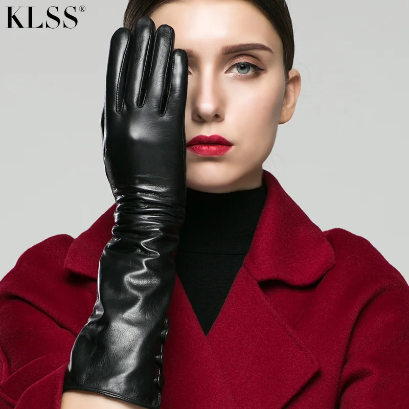 KLSS Brand Genuine Leather Women Gloves Winter Plus Velvet High Quality Goatskin Glove About 40CM Long Driving Gloves X99