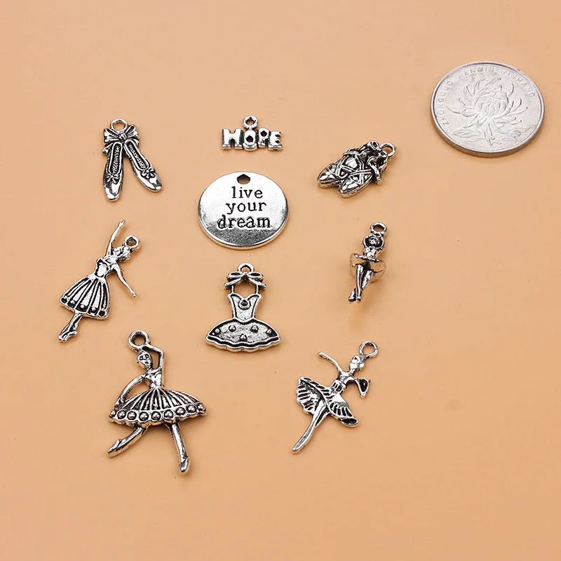 

Dance Charm Collection Antique Silver Tone Ballet Lovers 9 charms for girl DIY jewelry making