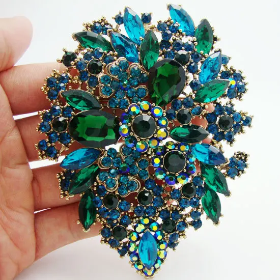 

TTjewelry Classic Style Green Crystal Rhinestone Dual Droplets Flower Art Nouveau brooch pins Gold Tone pendants