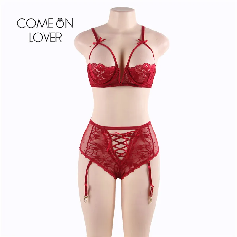 Comeonlover Lingerie Set Garter Open Cup Bra Plus Size Erotic Lingerie Sets Lace Floral Ropa Sexy Mujer Erotic Set RI80646