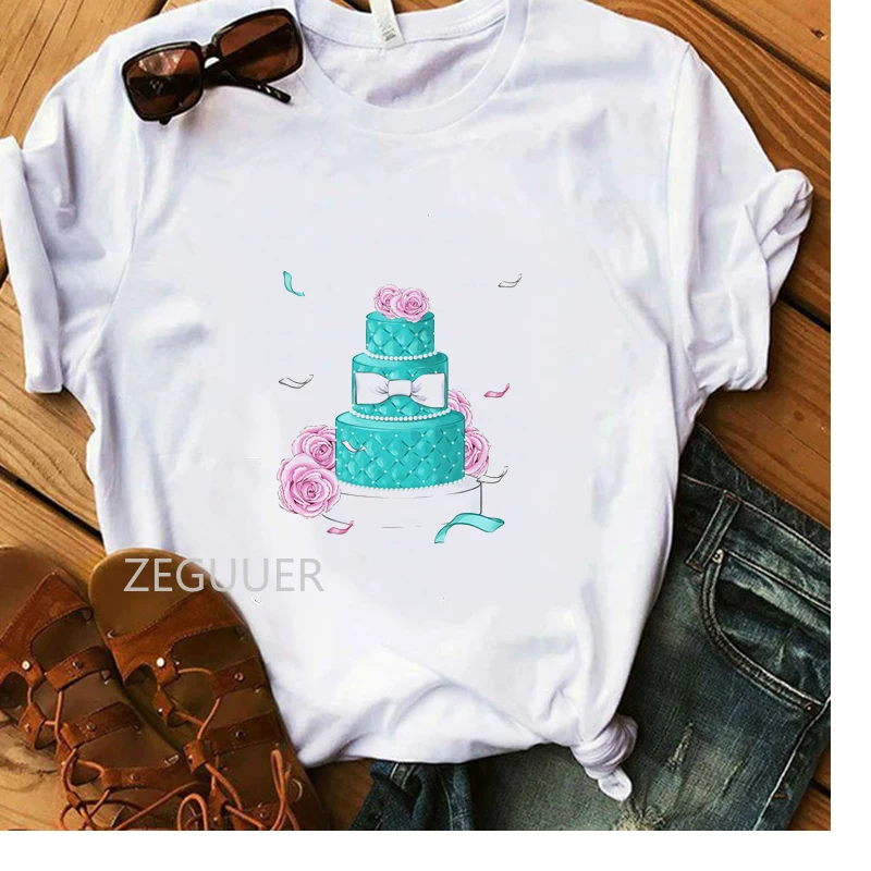 

Vogue Lady Tops Sweet Cake Gift Flower Bow Print T-Shirt Harajuku Women Summer White T-shirt Girl Cotton Soft Casual Tees