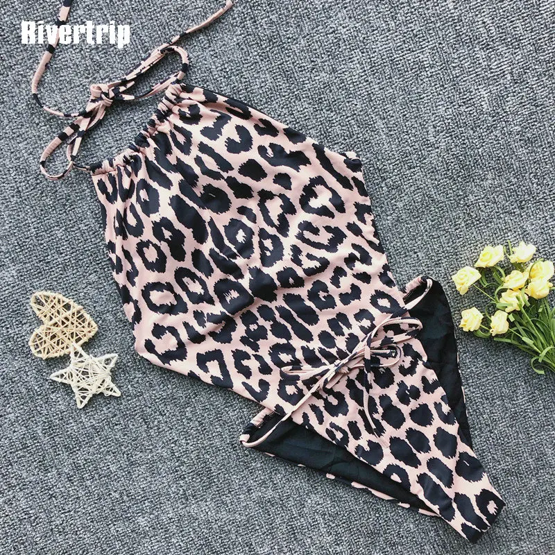 

Rivertrip Leopard Printing One Piece Swimsuit New Swimwear Women High Cut Swimsuit Fused 2019 Beachwear Halter Women's Swimsuit