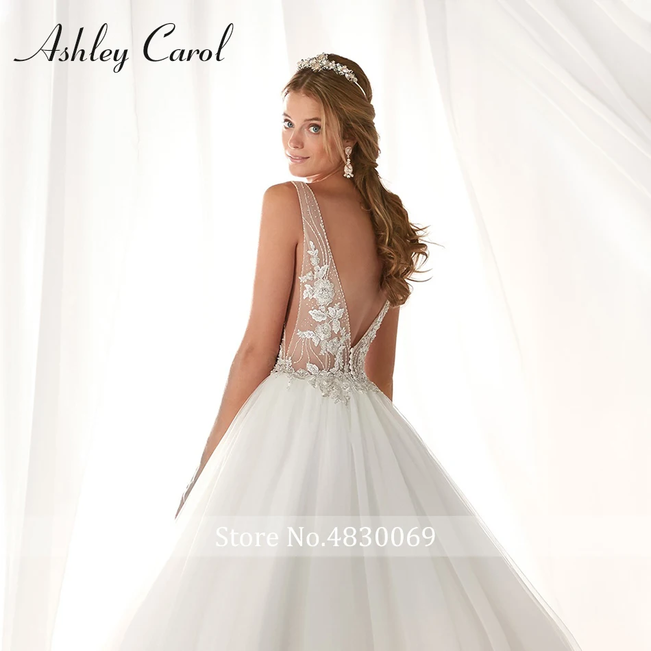 Эшли Карол сексуальная глубокий v-образный вырез открытая спина, тюль свадебное платье бисерные аппликации романтическое платье невесты французские свадебные платья