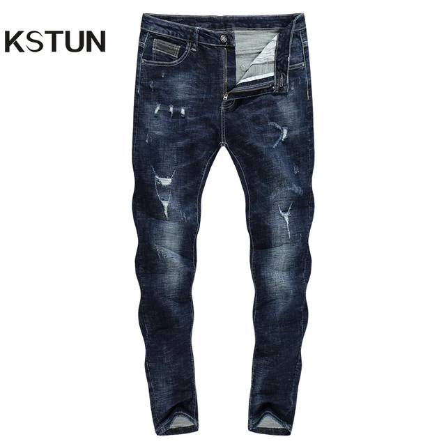 KSTUN Mens Hip hop Jeans Blue Stretch Ripped Broken Streetwear Torn ...