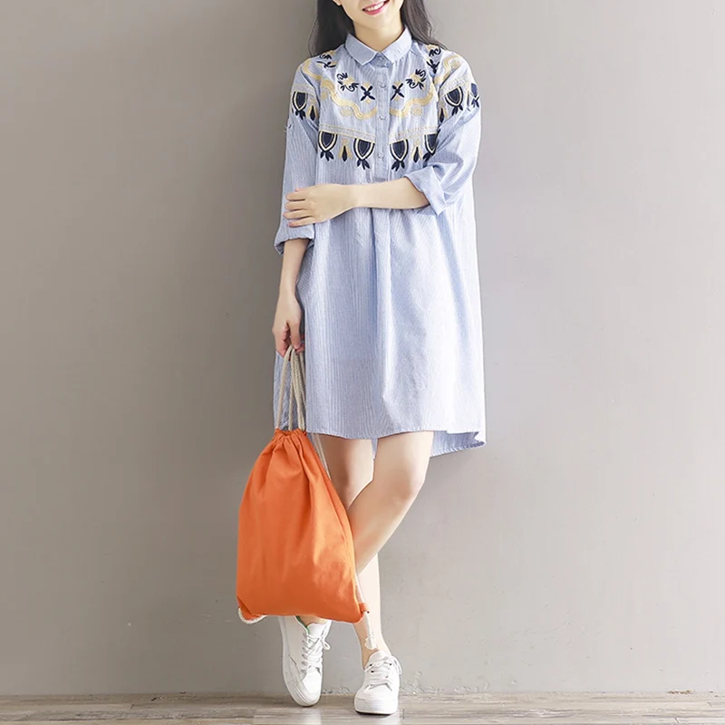 

Womens Dresses Long Sleeve Blue White Embroidery Dress Stripped Print Plus Size Shirt Dress Mori Gril Casual Cotton Dress 7