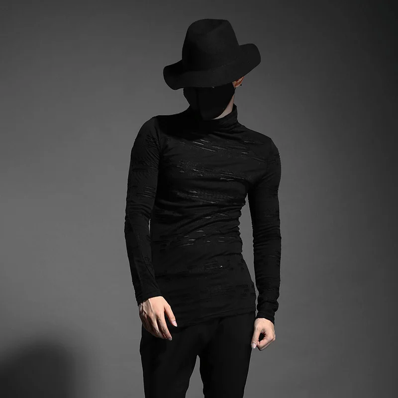 

New 2018 Male long-sleeve T-shirt personality Tattoo slim basic t-shirt slim men's clothing singer costumes