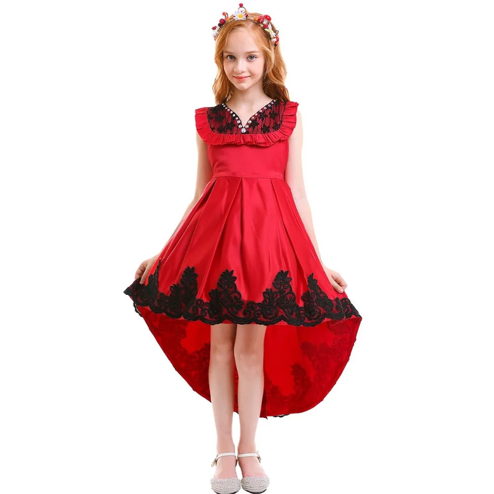 Элегантное детское платье для девочек, Красное Кружевное длинное платье принцессы со шлейфом для фотосессии, Детские платья для девочек на день рождения