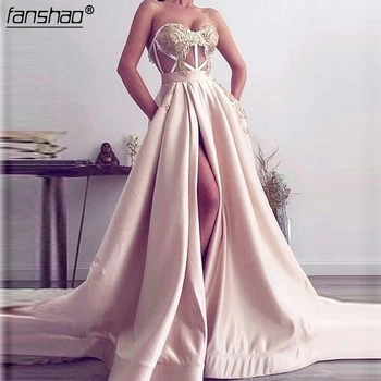 

Off the Shoulder Satin Prom Dresses Grace High Slit Appliques Sexy Prom Gown Plus Size Long Party Gown vestido fiesta