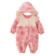 Милая Одежда для новорожденных девочек стильный комбинезон принцессы с бантом/цветами и шапочка для девочек, комплект одежды из 2 предметов с длинными рукавами для малышей