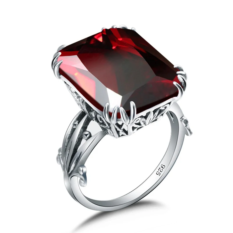 Classic Vintage Design Women Rings Red CZ Stones Square Fashion Jewelry 925 Silver Engagement Wedding Bands Lady Luxury Ring