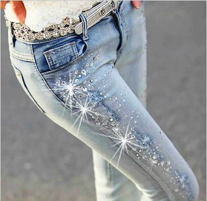 Woman Denim Pencil Pants Stretchy Jeans Skinny Pants Women Low Waist Rhinestone Sequins Silver