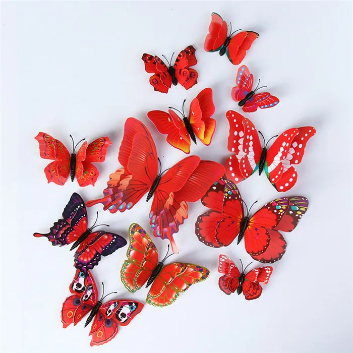 12 шт./компл. двойной Слои крыло 3D Искусственные бабочки на магните Декор холодильника наклейки на стену с резиновыми полосками продается дома вечерние год украшения - Цвет: Красный
