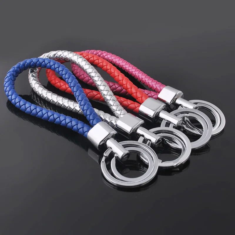 

LNRRABC Sale Women Men Keychain Candy Color PU Leather Woven Rope Bag Pendant Alloy Car Key Chain Ring Holder Key Rings Gifts
