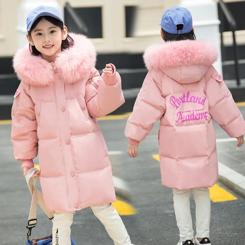 

2018 Girls Winter Coats Clothes Kids Down Jacket Warm Thicken Hooded Big Fur Collar Parka Coats Girls Long Outwear -30 Degrees