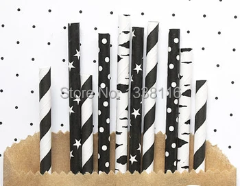 

Free Shipping 200pcs Black Paper Straws Mixed 4 Patterns,Party Supplies Paper Drinking Straws wholesale