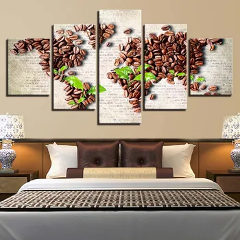 

Canvas Wall Art Pictures HD Prints Living Room no frame 5 Pieces Coffee Bean Green Leaf Paintings World Map Posters Home Decor