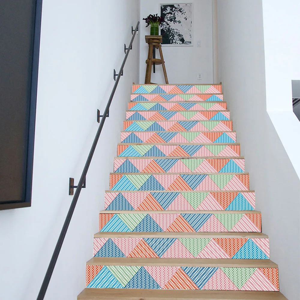 

New 6pcs/set Stairway Stickers DIY Steps Sticker Removable Stair Sticker Home Decor Ceramic Tiles Patterns Colored triangle