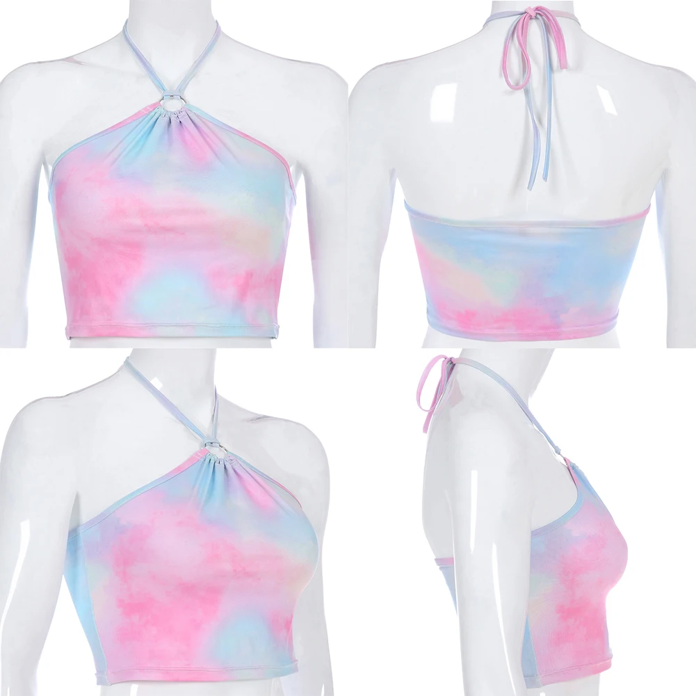 Модные женские пикантные Холтер Майки Топы корректирующие принт Tie-dye повесить за шею Strappy укороченный топ без рукавов жилет Топ топики женские летние